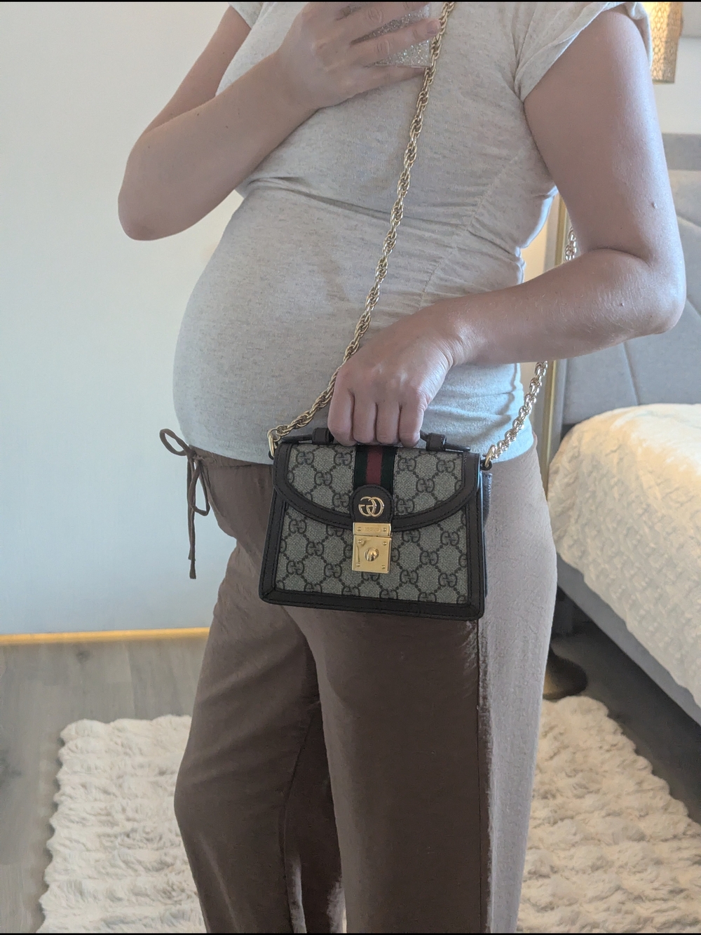Gucci GG Ophidia Top Handle Mini Chain Shoulder Bag in Beige/Green/Red - Picture 10 of 16